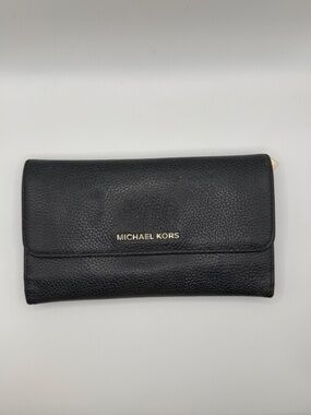 Michael Kors Black Pebbled Leather Foldover Wallet with Gold Logo